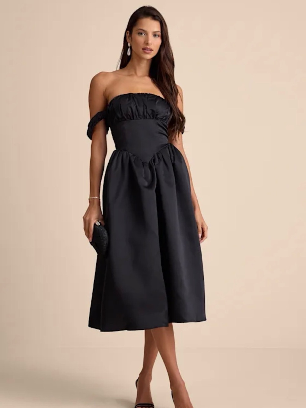 Lulus Coquette Essence Black Satin Off-the-shoulder Lace-up Midi Dress - Size S